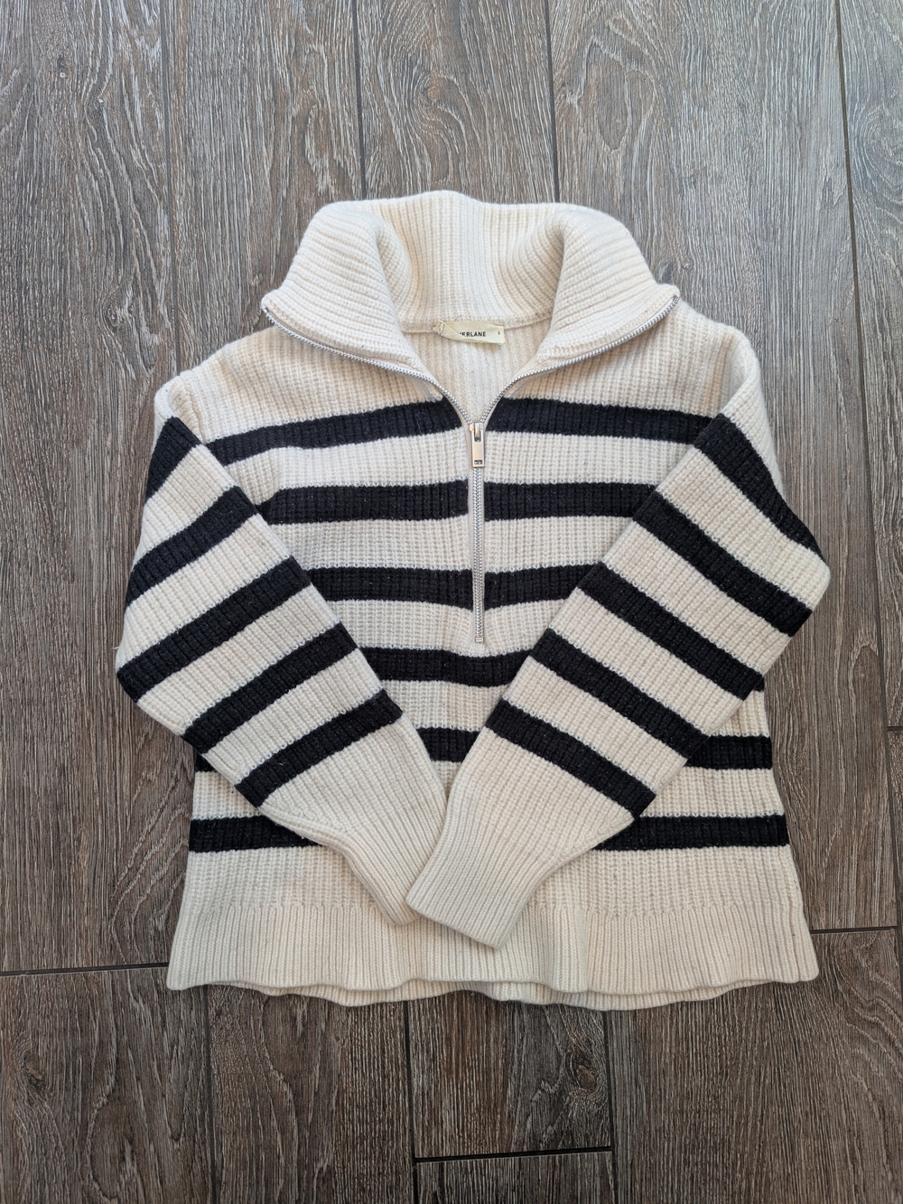 Everlane Cream and Black Striped Wool Quarter Zip Turtleneck Sweater Small
